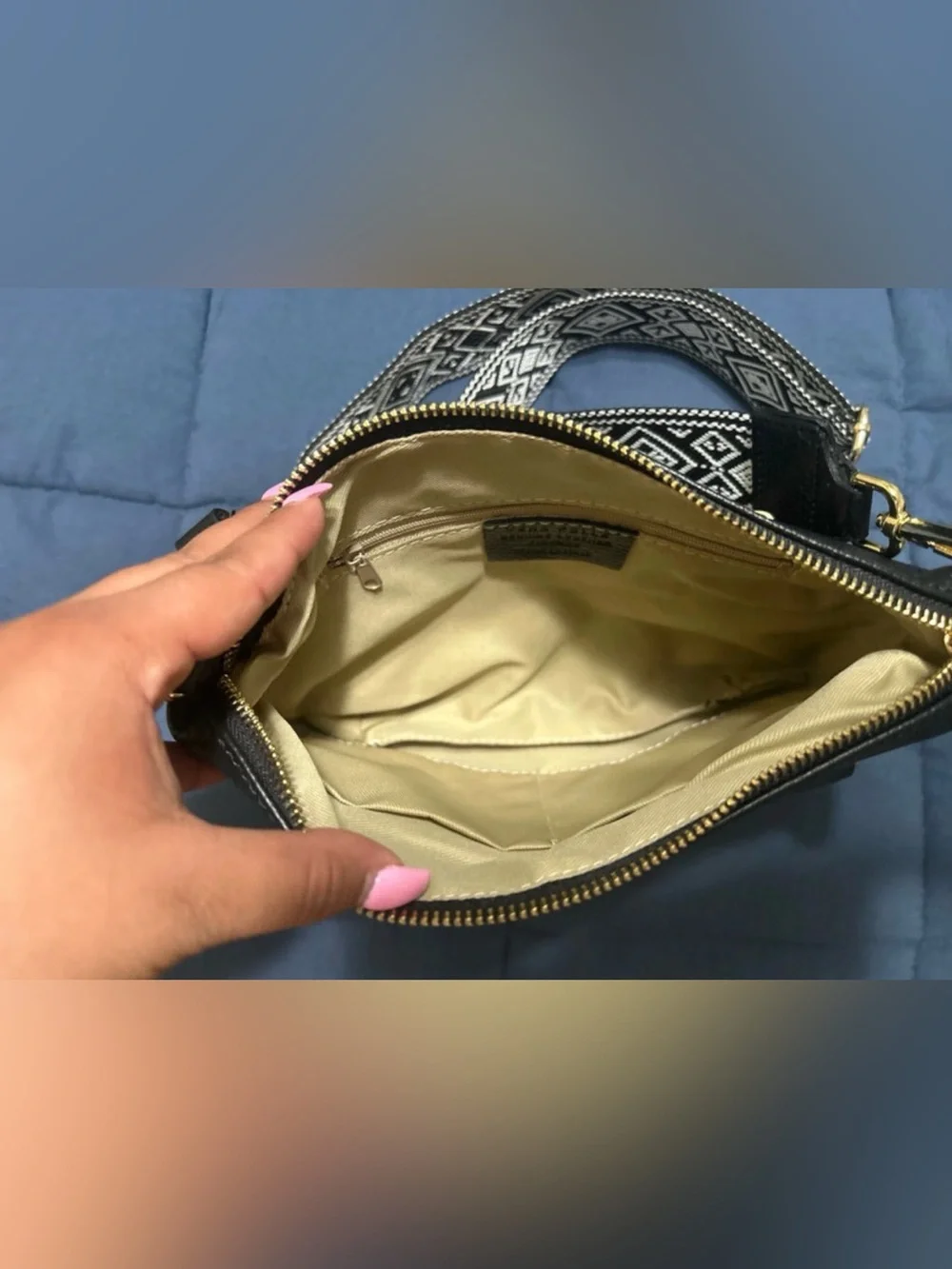 Black Leather Crossbody Bag with Patterned Strap